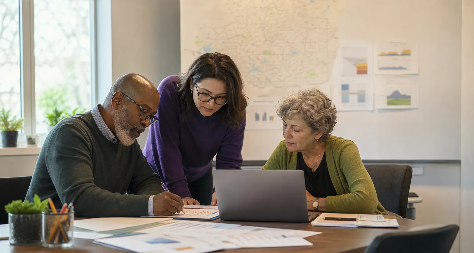 A team assembling maps and documents into a funding case